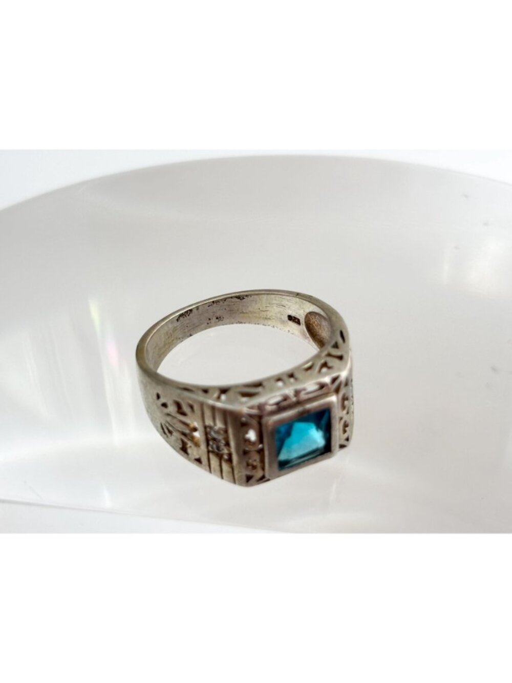Blue Topaz Tapered Square Cut Cutout Sterling Silver 925 Vintage Ring - sz 9.5 - Picture 8 of 16